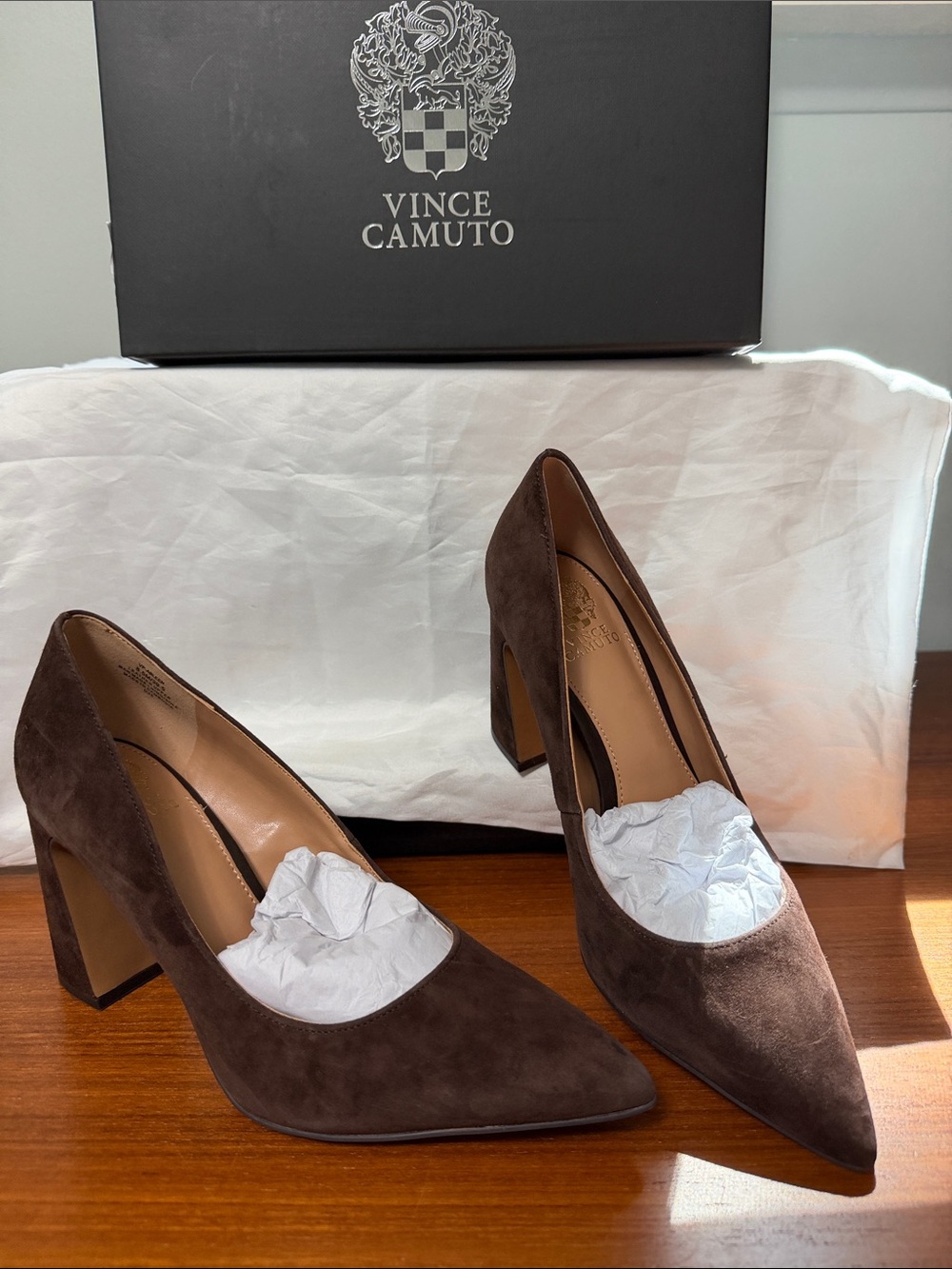 Vince Camuto Dark Brown Suede Pointed Toe Block Heels